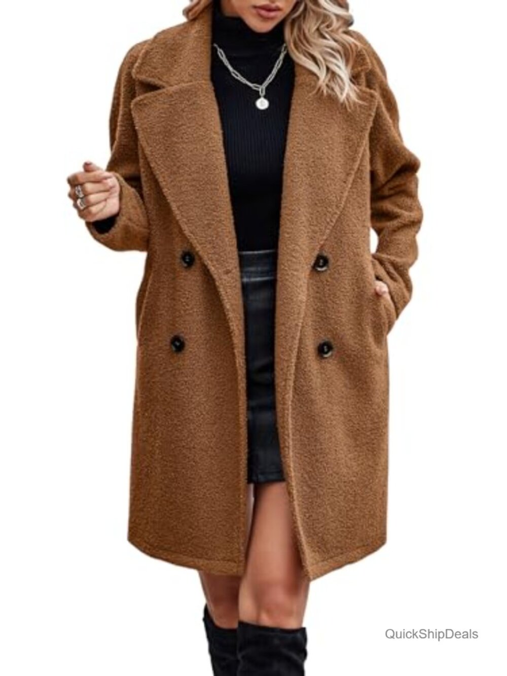 Women's Long Sherpa Faux Fur Trench Coat Oversized Button Winter Jacket